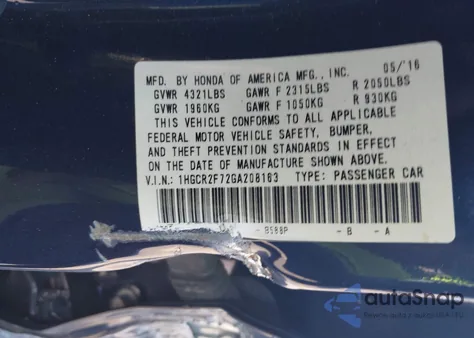 2016 Honda Accord Ex from USA, damaged, VIN 1HGCR2F72GA208163